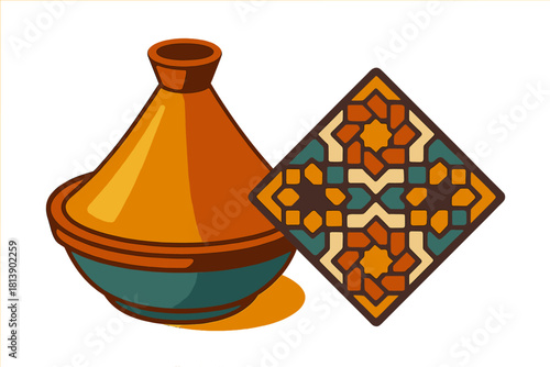 Moroccan tagine pot with conical lid beside a colorful geometric Islamic tile design