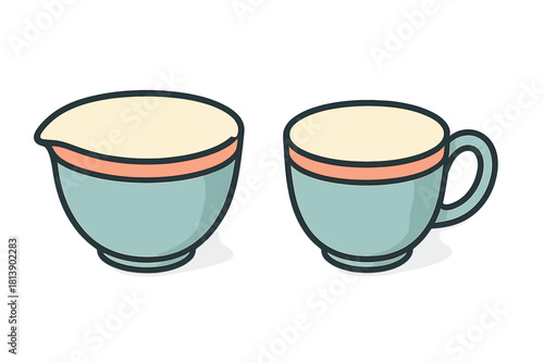 Matching ceramic creamer pitcher and coffee cup set with colorful striped design