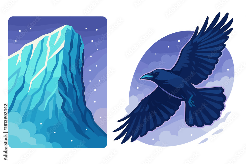 Obraz premium Dark raven flying over an icy mountain peak under a cold purple night sky with falling snow