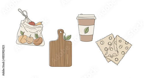 Eco-Friendly Lifestyle Essentials - Reusable Bag, Cutting Board, Coffee Cup, and Napkins.