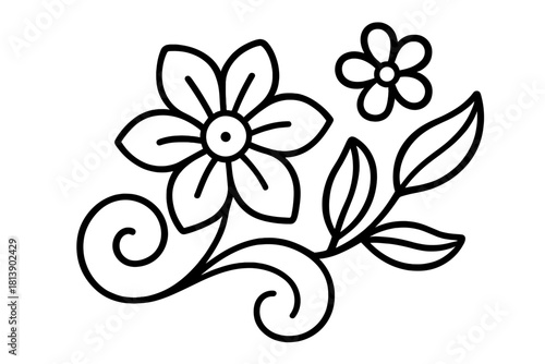 Minimalist black outline of blooming flowers and leaves with decorative swirling stem