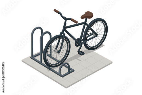 Dark bicycle securely parked in a public metal bike rack on tiled urban ground