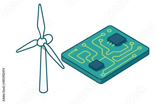 Wind turbine generating clean energy connected to a modern electronic circuit board