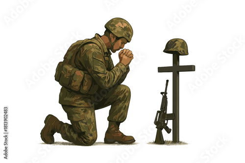 Soldier kneeling in prayer beside a battlefield cross memorial with helmet and rifle