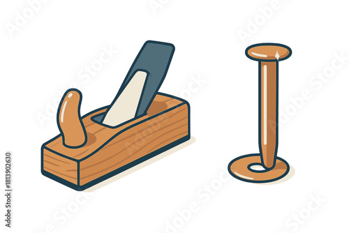 Essential traditional wooden hand plane and large metal spike for carpentry and construction work