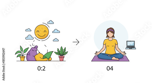 Illustration showing a transition from relaxation to mindful meditation.