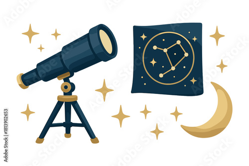 Dark blue telescope and golden celestial objects for astronomical observation
