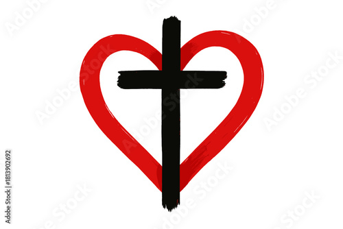 Abstract brushstroke heart shape surrounding a black Christian cross symbolizing faith and devotion