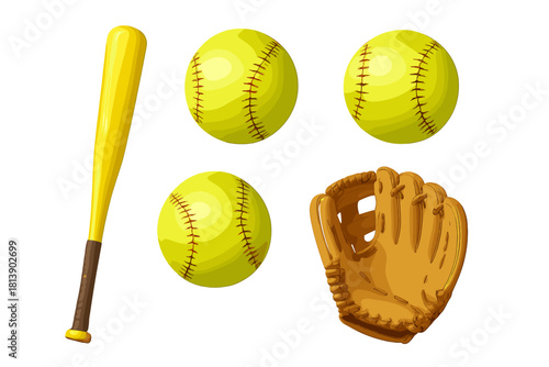 Bright yellow softball bat, three softballs, and a brown leather catcher's mitt on white background