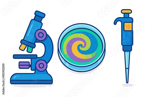 Bright blue microscope, colorful swirling petri dish, and volumetric pipette