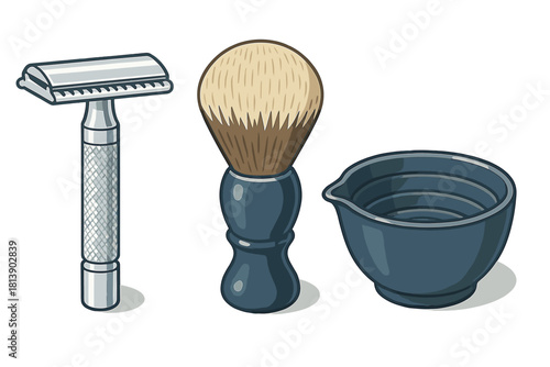 Vintage style safety razor, badger hair shaving brush, and ceramic lather bowl