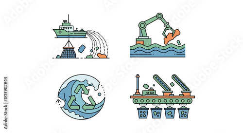 Ocean pollution and cleanup icons set.