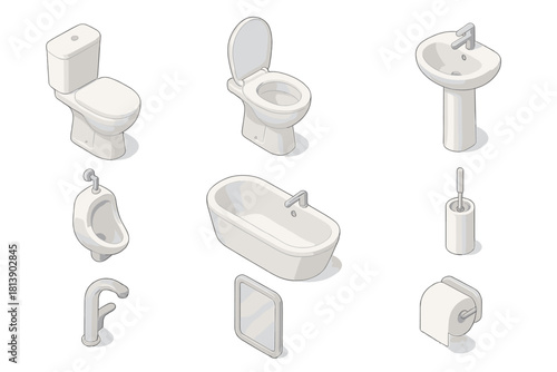 Isometric set of bathroom and toilet fixtures including sink, toilet, bathtub, and accessories
