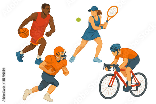 Diverse group of athletes playing basketball, tennis, American football, and cycling