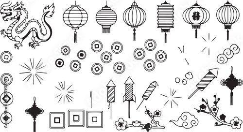 Set of traditional chinese new year celebration elements like dragon, lantern, firework, coin, and plum blossom in black and white sketch style