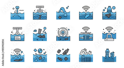 Ocean Pollution and Smart Technology Icons Set.
