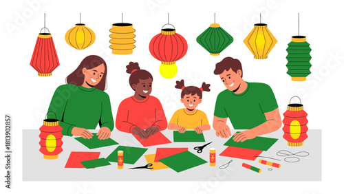 Family Lantern Crafting: A family enjoys a crafting session together, creating colorful lanterns and spending quality time filled with togetherness.
