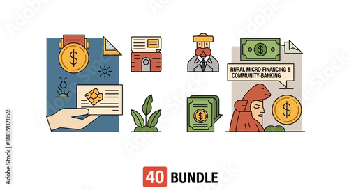 Rural Micro Financing and Community Banking Icon Set.