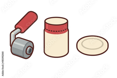Small isometric icons featuring a handheld roller tool, cylindrical jar, and circular lid