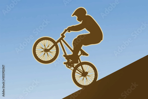 Vector illustration of cyclist performing wheelie uphill with silhouette against gradient blue sky background.
