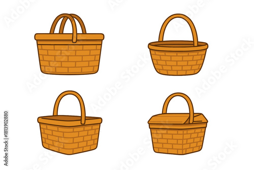 Variety of traditional brown woven baskets with handles used for storage