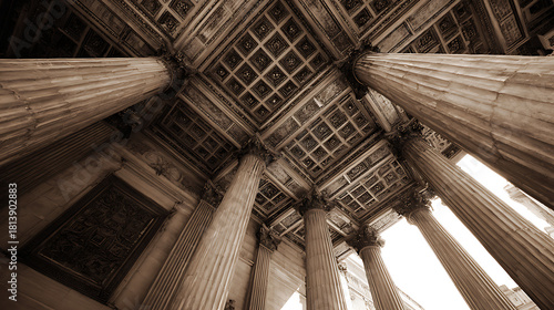 Grandiose Ionic Columns Supporting Ornate Coffered Ceiling architecture ornate ceiling