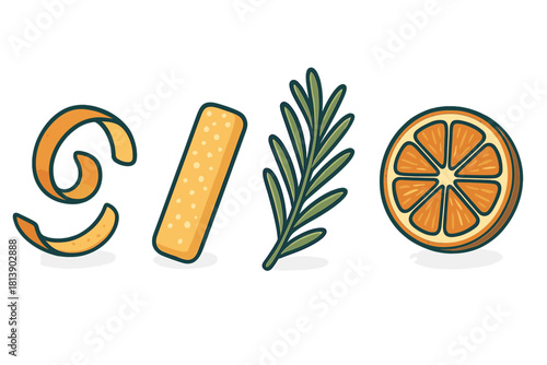 Fresh cocktail garnishes including orange peel, citrus zest, aromatic rosemary, and a juicy orange slice