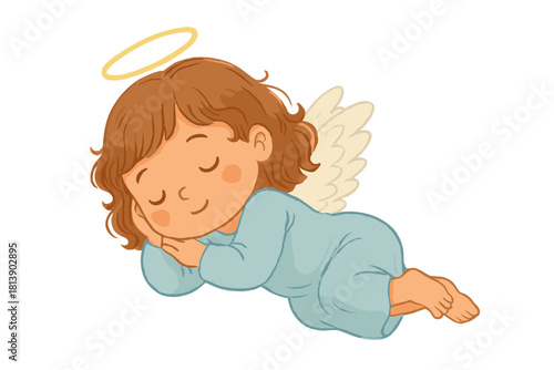 Cute sleeping baby angel with golden halo and soft white wings resting peacefully