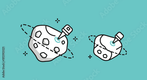 Two asteroids with pins stuck in them, orbiting in space, on a teal background, representing cosmic navigation and exploration.