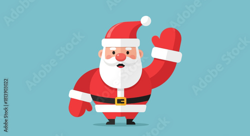 Cheerful cartoon Santa Claus character in a classic red suit and hat waving a friendly hello. Festive Christmas illustration on a simple blue background