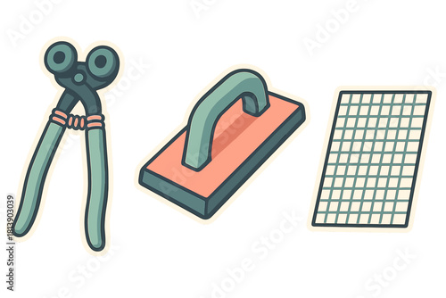 Stylized set of tiling and construction hand tools for home renovation and repair