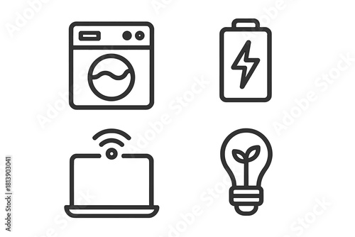 Outline icons for smart home technology, energy efficiency, and sustainable living concepts