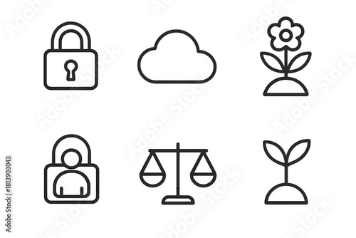 Conceptual line symbols for security, cloud technology, environmental growth, and legal justice