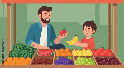 family shopping for fresh and colorful fruits at local market during daytime