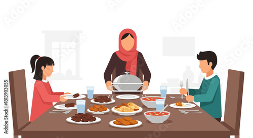 Family Dinner Scene with Three People Enjoying Varied Dishes at Home