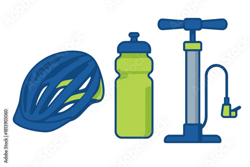Protective cycling helmet, hydration bottle, and floor pump accessories