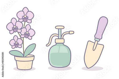 Potted orchid flower, water mister spray bottle, and gardening trowel set for houseplant care
