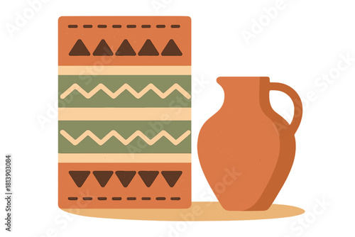 Traditional clay pitcher next to a decorative panel featuring ethnic geometric zigzag and triangle patterns