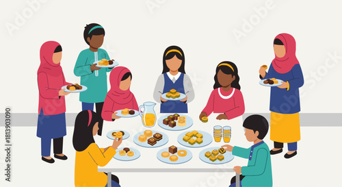 Diverse group of children and adults enjoying a communal meal together in a