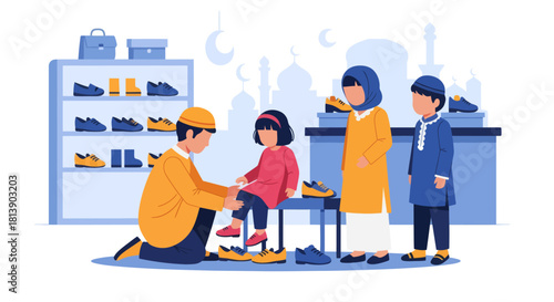 Children Shopping for Shoes with Assistance in a Modern Retail Store Setting