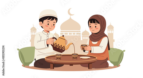 Cultural Tea Gathering between a Young Man and Woman in Traditional Attire Set