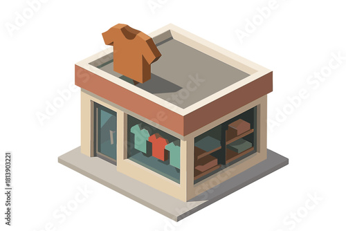Isometric view of small retail clothing shop exterior with t-shirt sign