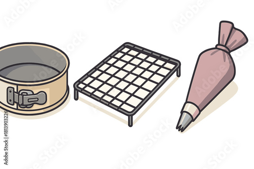 Professional baking tools set including cake pan, cooling rack, and piping bag