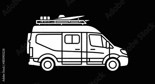 White Camper Van with Surfboard on Roof for Travel.