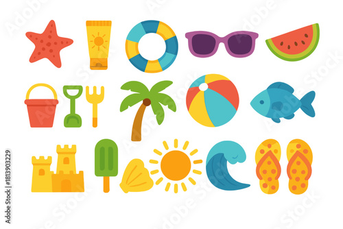 Colorful summer vacation and beach holiday icons and objects on white background