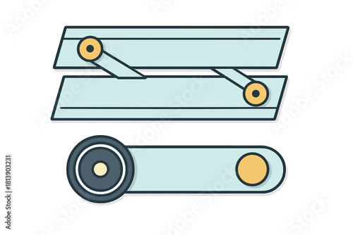 Abstract stylized mechanical components featuring blue bars and yellow circular accents