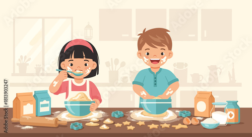 Children Engaged in Baking Cookies and Bread Together in a Cozy Kitchen