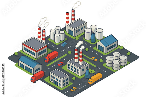 Isometric industrial zone with factories, warehouses, storage tanks, and transportation vehicles on roads
