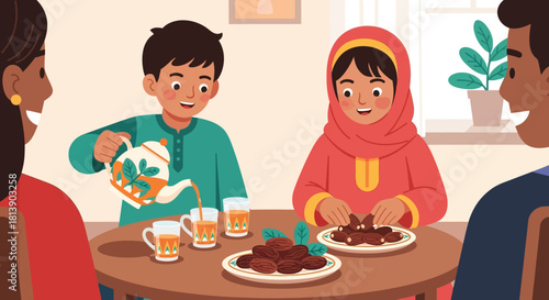 joyful multicultural family enjoying homemade desserts and tea at dining table
