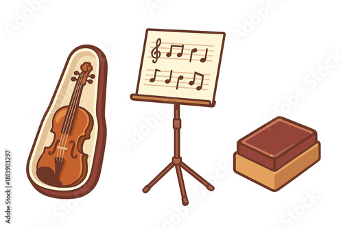 Violin resting in open case beside a music stand with sheet music and storage box